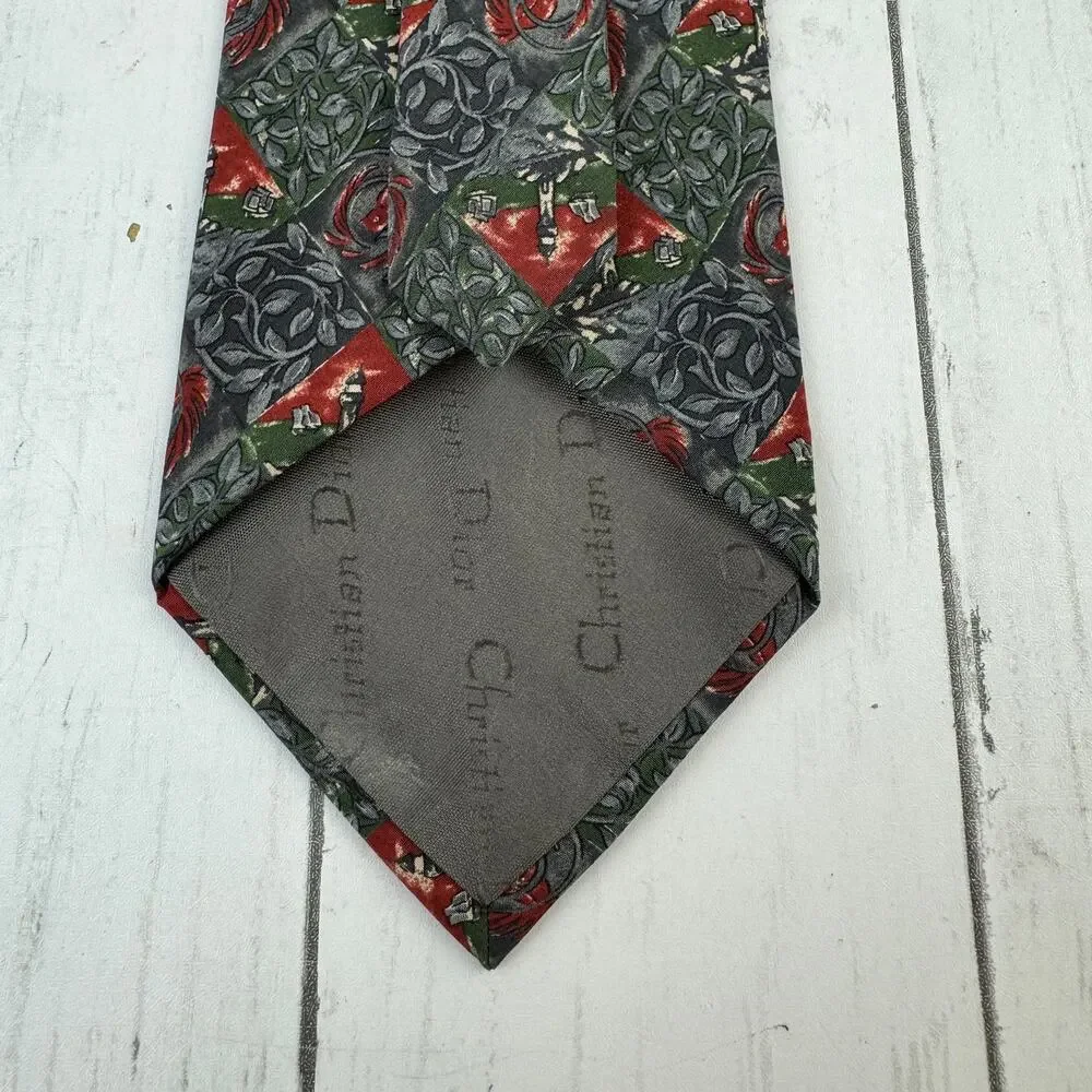 VTG Christian Dior Monsieur Grey/Red Silk Lighthouse & Bird Print Neck Tie Mens
